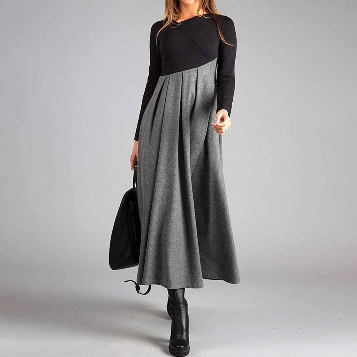 Nerine - Elegant Splicing Tweed V-Neck Dress