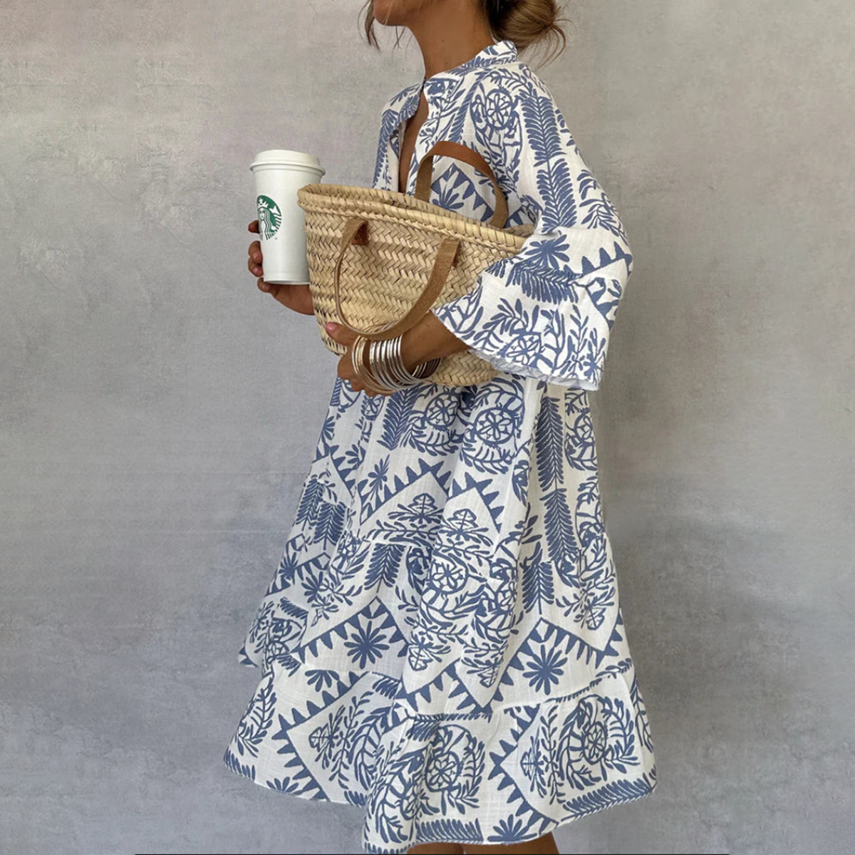 Linnea - Casual Print V-Neck Shirt Dress