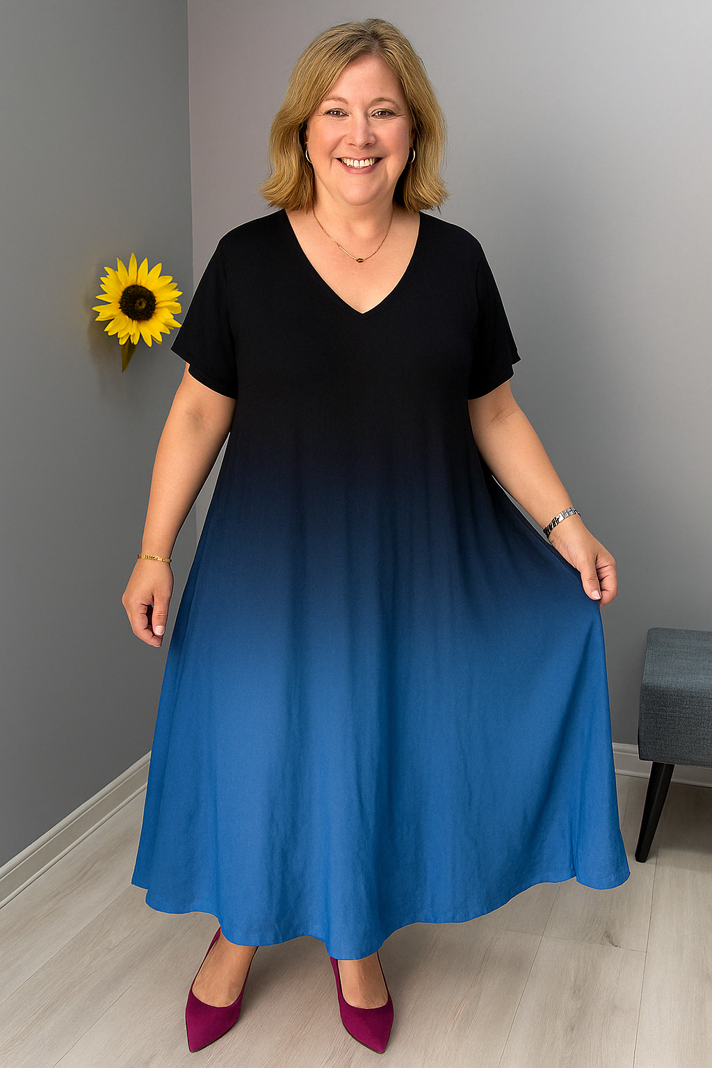 Jada - Flattering Gradient Tummy Covering Midi Dress