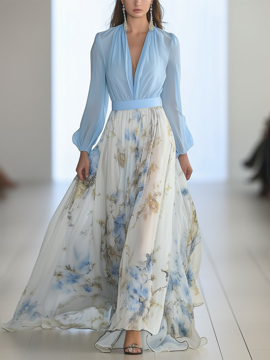 Ismeria - Boho Floral V-Neck Long Sleeve Dress