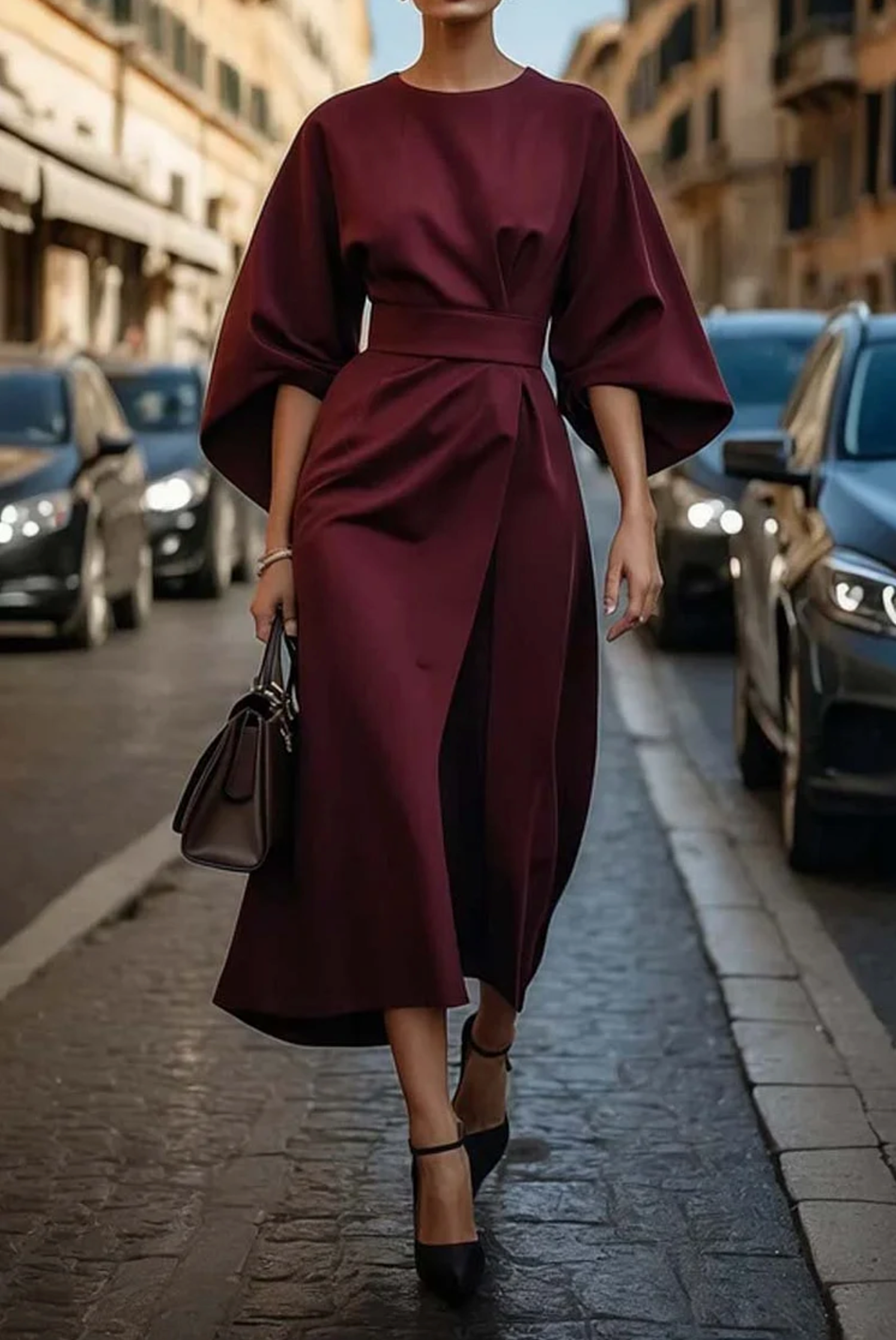 Jessalyn - Fashionable Bat Sleeve Mid-Calf Dress