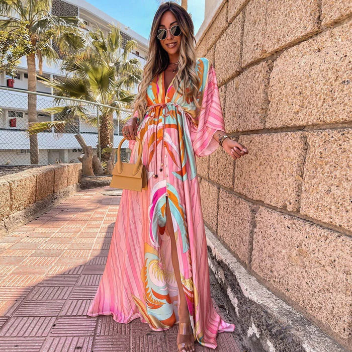Harper - Elegant V-Neck Printed Hem Split Dress