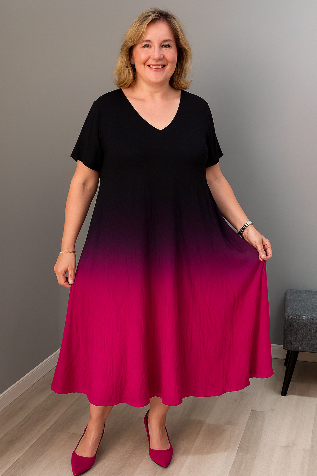 Jada - Flattering Gradient Tummy Covering Midi Dress