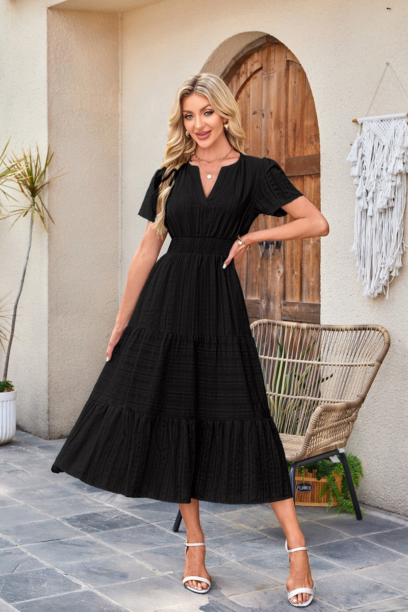 Women's V-Neck Dress – Cotton Blend – Short Sleeve