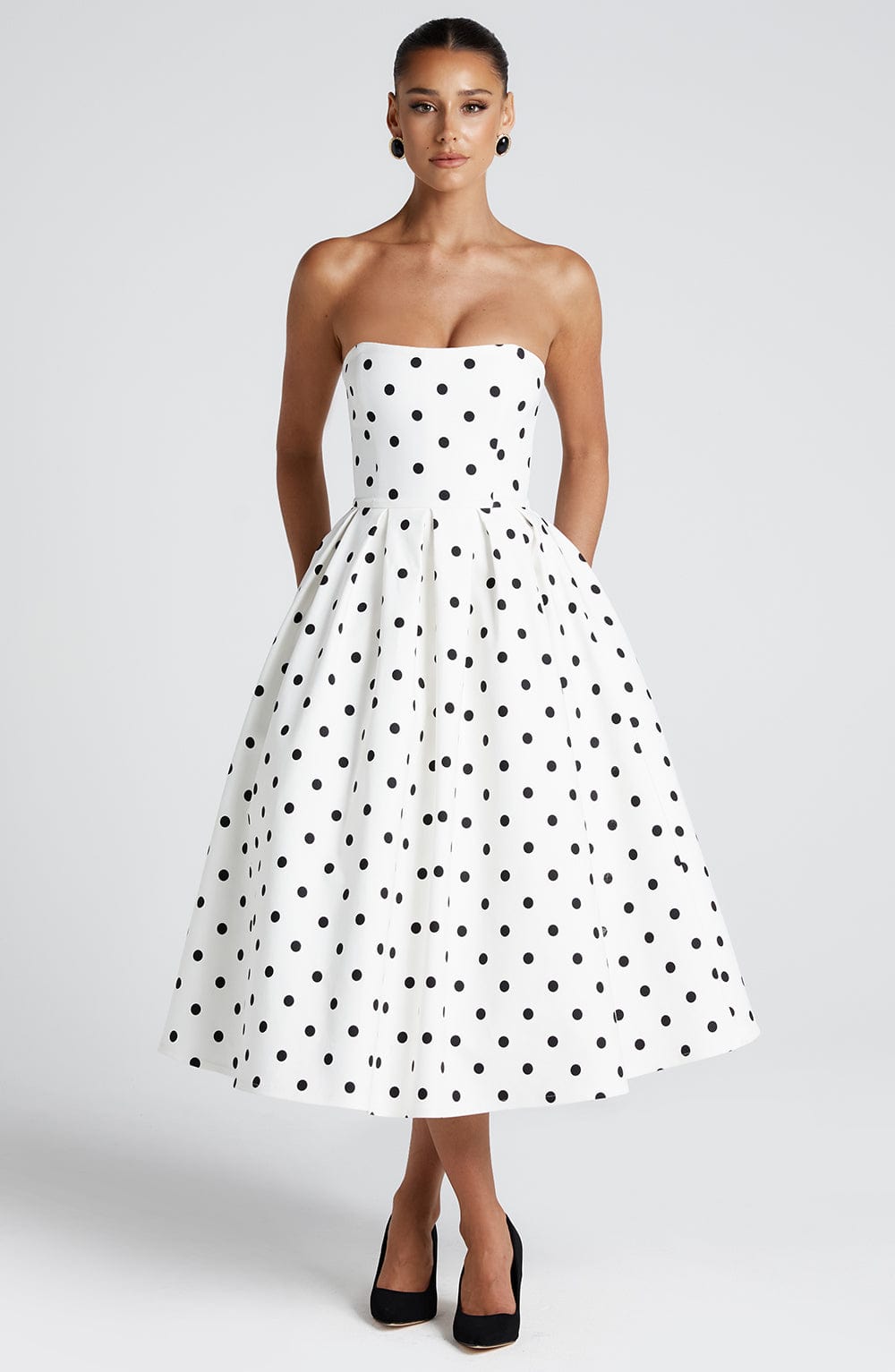 Edith Midi Dress - Black Polka Dot Print Dress Babyboo Fashion Premium Exclusive Design