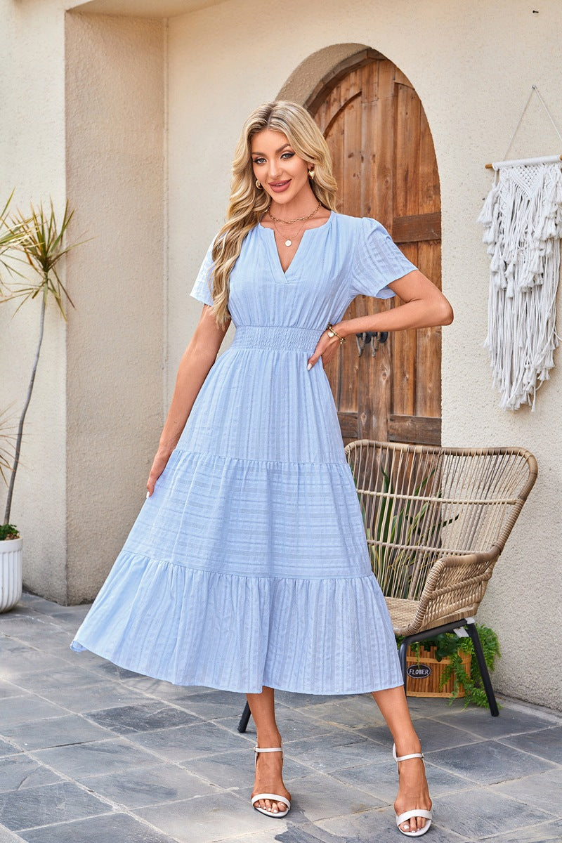 Women's V-Neck Dress – Cotton Blend – Short Sleeve