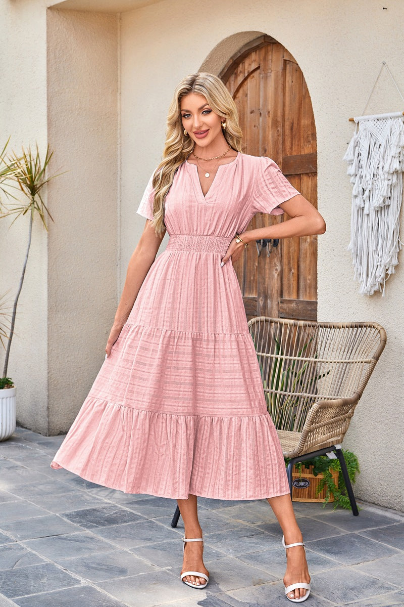 Women's V-Neck Dress – Cotton Blend – Short Sleeve