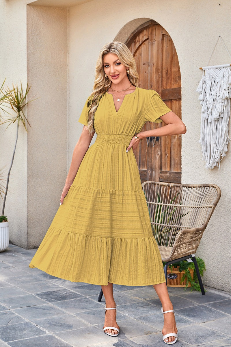 Women's V-Neck Dress – Cotton Blend – Short Sleeve
