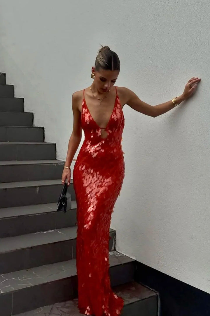 Ivy - Glitter Sequins Spaghetti Straps Evening Dress