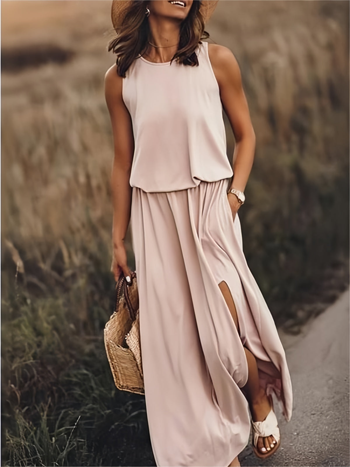 Keelin - Sleeveless O-Neck Solid Color Dress