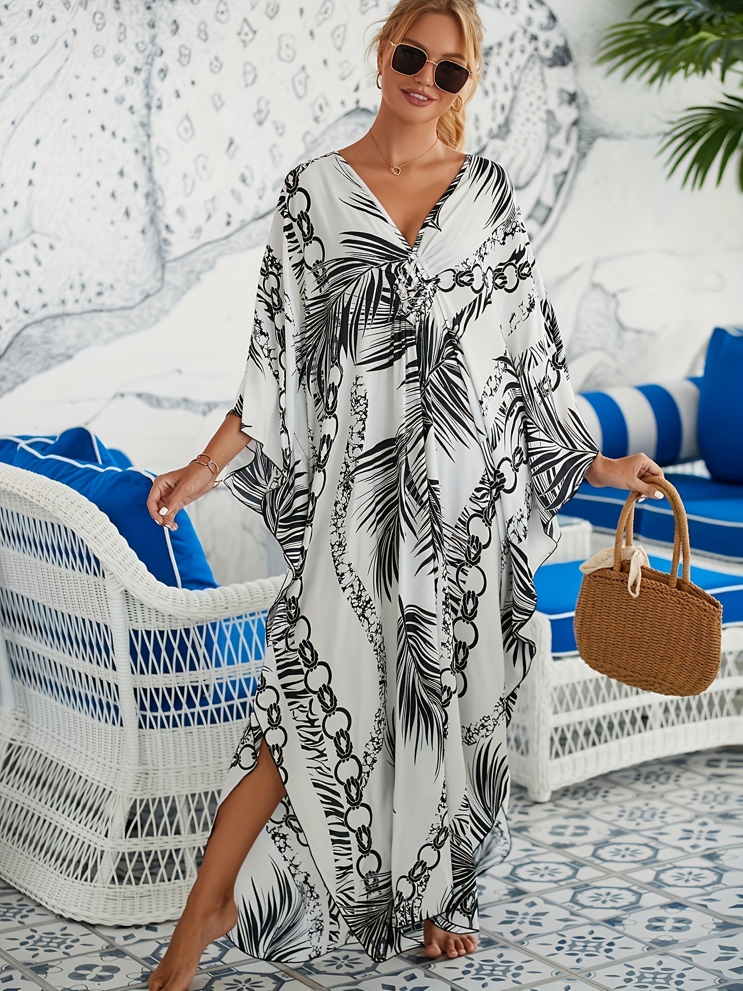 Camila - Casual V-neck Side Split Tropical Beach Dress