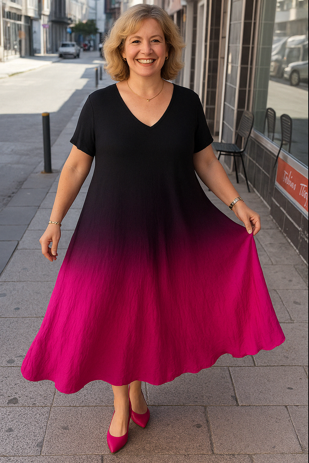 Jada - Flattering Gradient Tummy Covering Midi Dress