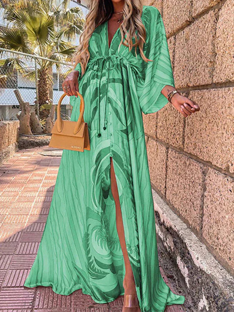 Harper - Elegant V-Neck Printed Hem Split Dress