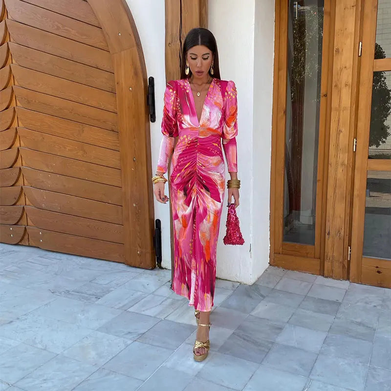 Clara - Elegant V-Neck Pleated Waist-Cinching Full Sleeve Dress