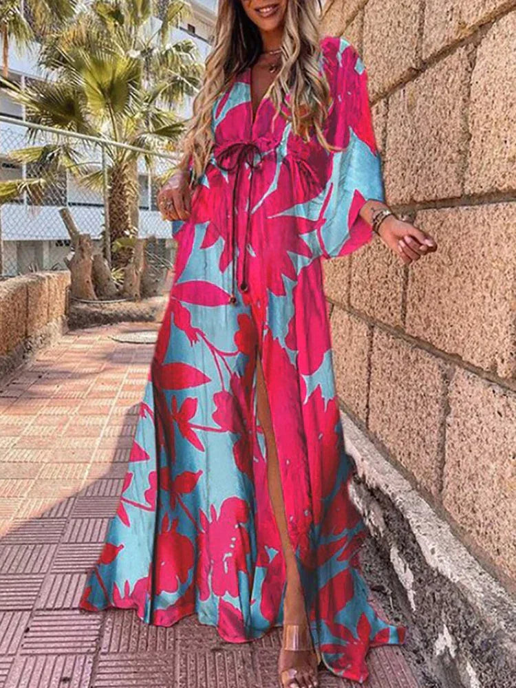 Harper - Elegant V-Neck Printed Hem Split Dress