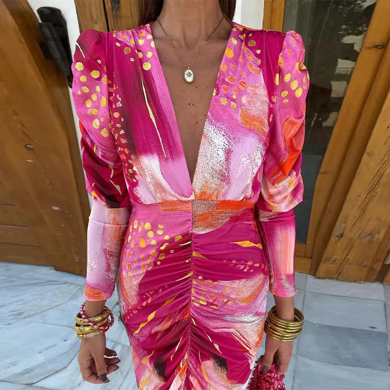 Clara - Elegant V-Neck Pleated Waist-Cinching Full Sleeve Dress