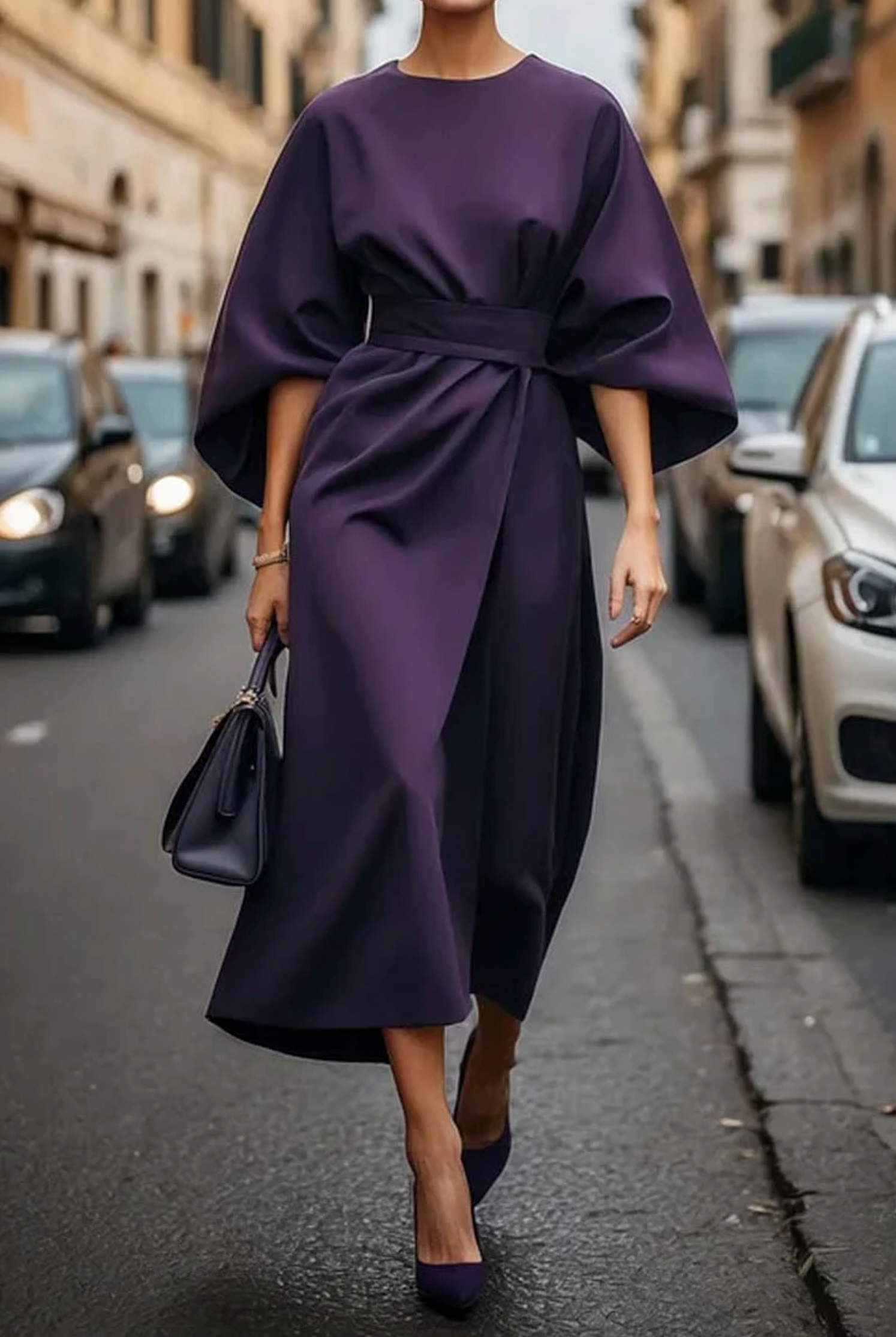 Jessalyn - Fashionable Bat Sleeve Mid-Calf Dress