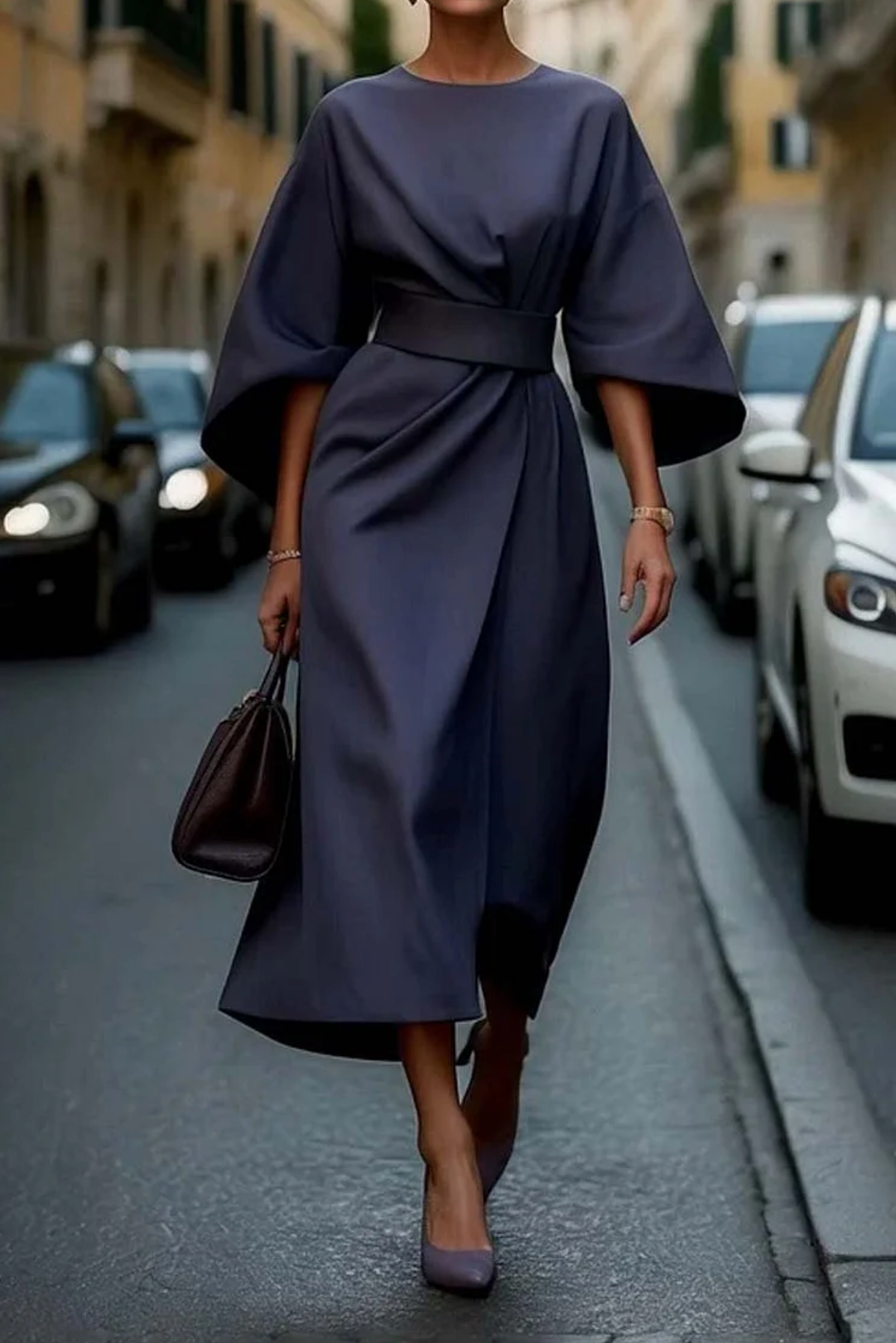 Jessalyn - Fashionable Bat Sleeve Mid-Calf Dress