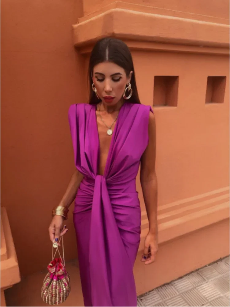 Ella - Elegant Satin V Neck Pleated Sleeveless Dress