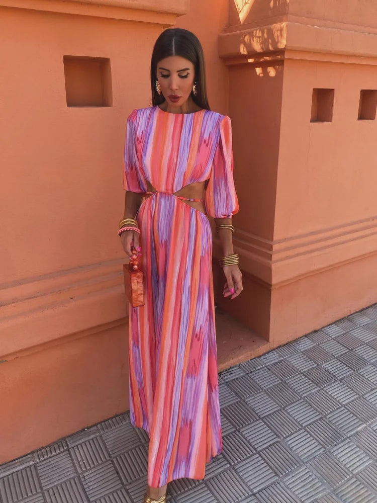 Beatrin - Breezy Striped Lantern Sleeve Dress