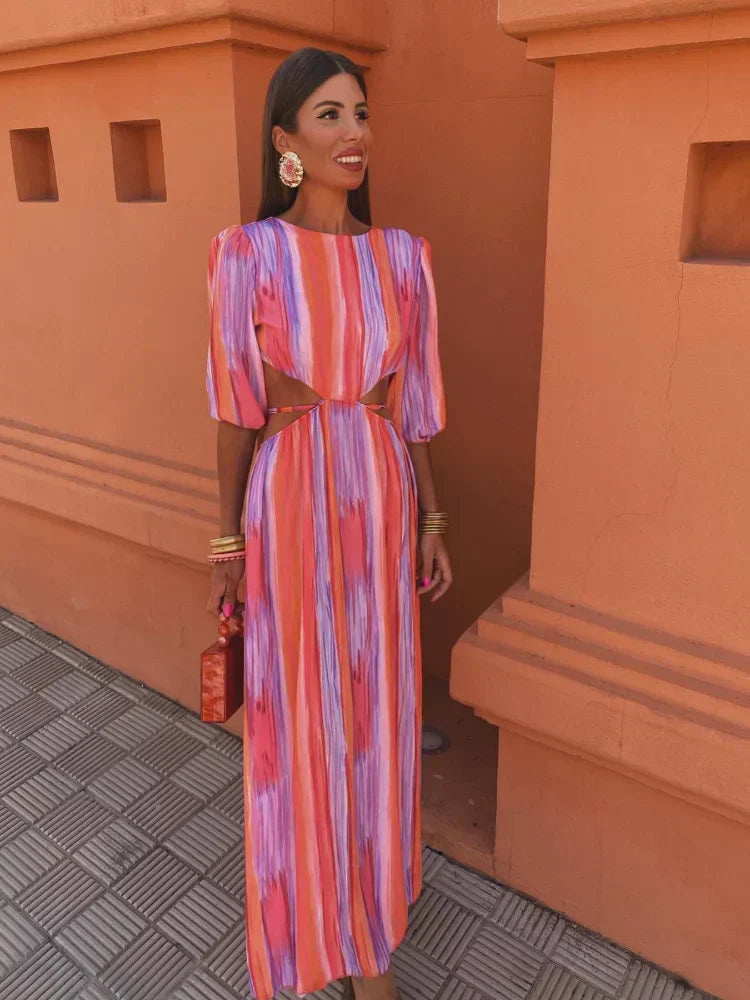 Beatrin - Breezy Striped Lantern Sleeve Dress
