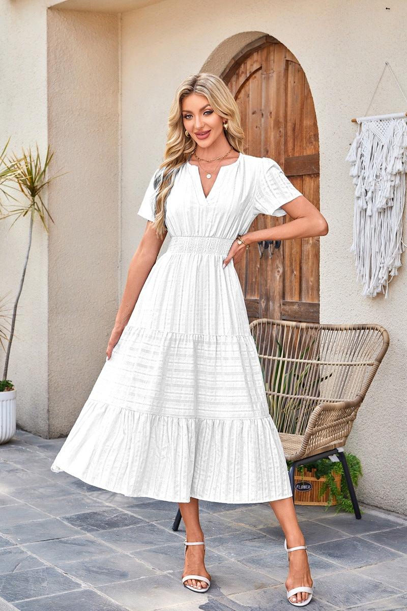 Women's V-Neck Dress – Cotton Blend – Short Sleeve